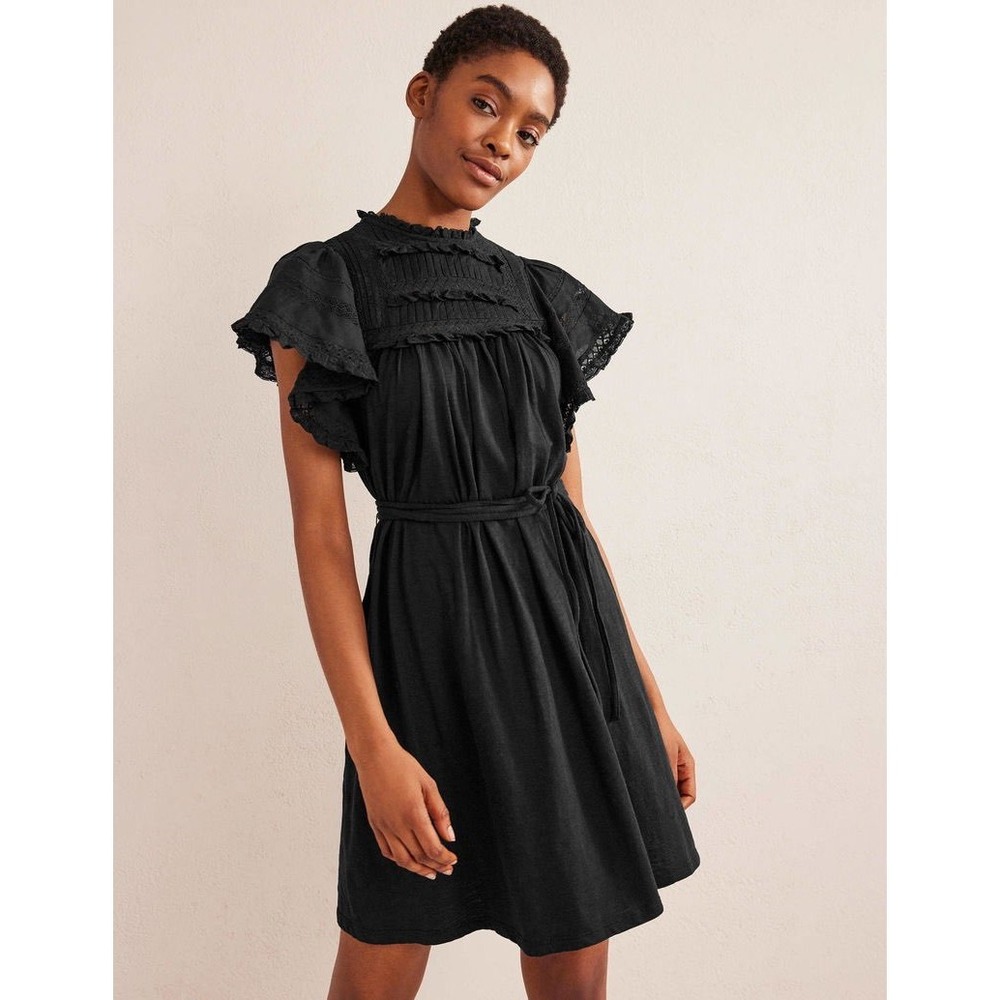 Boden Trim Detail Mini Dress Black Lace Ruffle Sleeve Jersey US 8R UK 12R